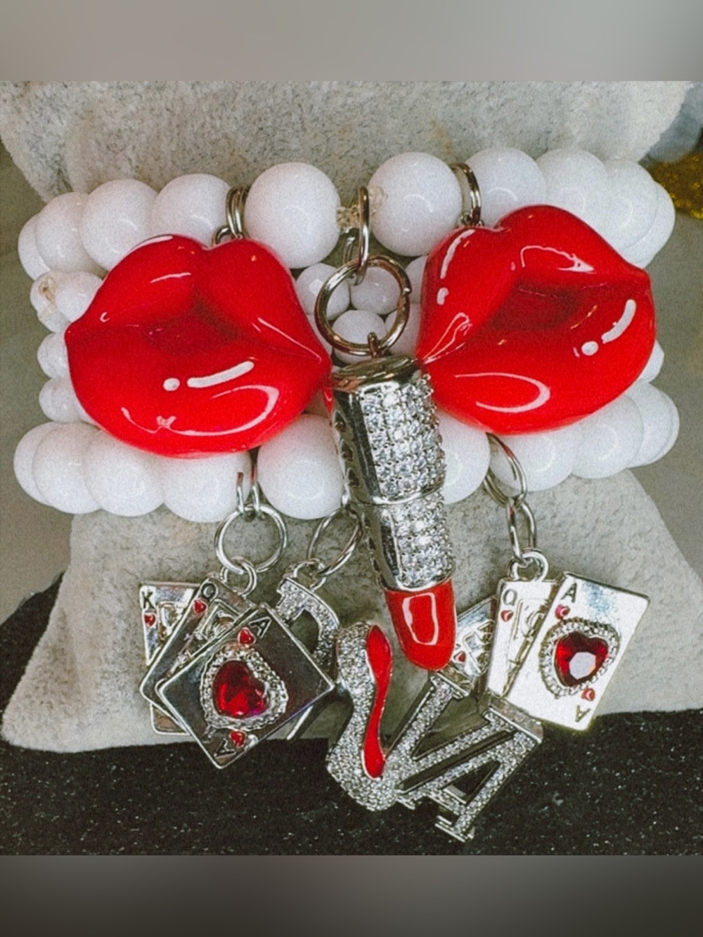 Beaded Lip & Lipstick Charm Bracelet - Red